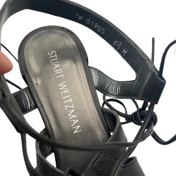Stuart Weitzman Tiegirlbingo Lace Up Strappy Leather Block Heel Sandal Black 6.5 - Picture 2 of 6